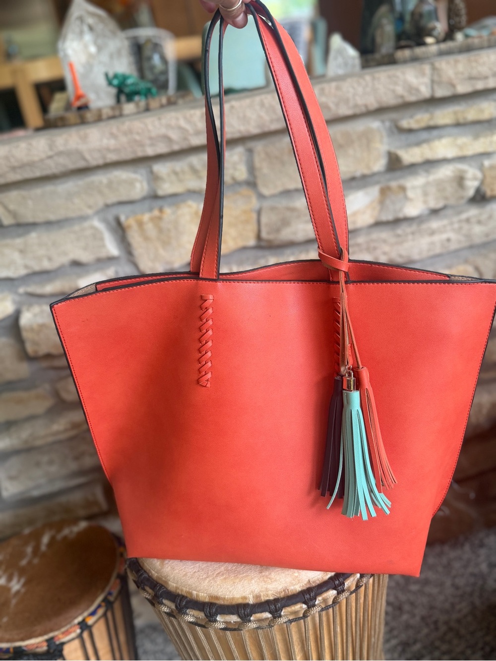 Coral Orange Vegan Leather Whipstitch Tote Bag Multi-Color Tassel Charm Purse